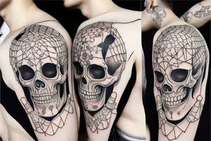 two full sized realisticly painted skeletons, that are facing each other, one holding a sword in one hand, leaning in and putting the sword on the other skeletons shoulder tattoo idea