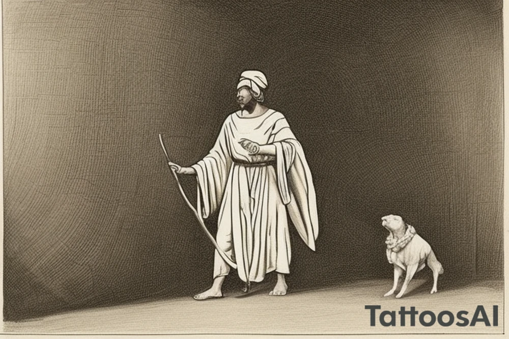 The man is dressed in simple clothes that are typical of the first century. He is wearing a long tunic, a white hat, and sandals. Hi wears a white tunica. He is holding a thick shepherd's staff in his left hand and is walking to the left. The background is blank.

The drawing is done in black lines on a blank background. The lines are simple and delicate, and they capture the man's thin, wiry frame. He seems to be lost in thought as he walks to the left.

The drawing has a sense of timelessness. The man's clothes are typical of the first century, but the drawing could have been made any time in the past 2,000 years. The blank background also contributes to the sense of timelessness. The man is walking facing the left. tattoo idea