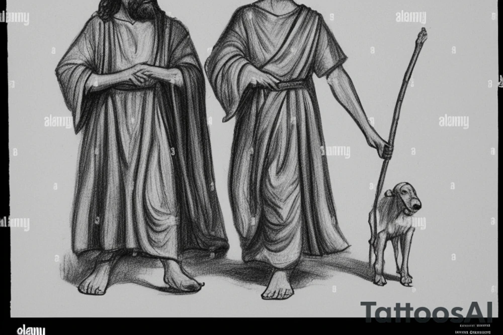 The man is dressed in simple clothes that are typical of the first century. He is wearing a long tunic, a white hat, and sandals. Hi wears a white tunica. He is holding a thick shepherd's staff in his left hand and is walking to the left. The background is blank.

The drawing is done in black lines on a blank background. The lines are simple and delicate, and they capture the man's thin, wiry frame. He seems to be lost in thought as he walks to the left.

The drawing has a sense of timelessness. The man's clothes are typical of the first century, but the drawing could have been made any time in the past 2,000 years. The blank background also contributes to the sense of timelessness. The man is walking facing the left. tattoo idea