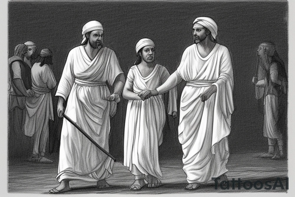 The man is dressed in simple clothes that are typical of the first century. He is wearing a long tunic, a white hat, and sandals. Hi wears a white tunica. He is holding a thick shepherd's staff in his left hand and is walking to the left. The background is blank.

The drawing is done in black lines on a blank background. The lines are simple and delicate, and they capture the man's thin, wiry frame. He seems to be lost in thought as he walks to the left.

The drawing has a sense of timelessness. The man's clothes are typical of the first century, but the drawing could have been made any time in the past 2,000 years. The blank background also contributes to the sense of timelessness. The man is walking facing the left. tattoo idea