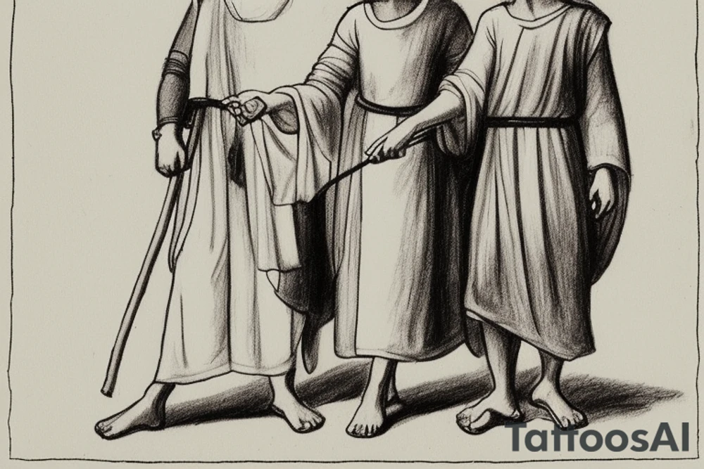 The man is dressed in simple clothes that are typical of the first century. He is wearing a long tunic, a white hat, and sandals. Hi wears a white tunica. He is holding a thick shepherd's staff in his left hand and is walking to the left. The background is blank.

The drawing is done in black lines on a blank background. The lines are simple and delicate, and they capture the man's thin, wiry frame. He seems to be lost in thought as he walks to the left.

The drawing has a sense of timelessness. The man's clothes are typical of the first century, but the drawing could have been made any time in the past 2,000 years. The blank background also contributes to the sense of timelessness. The man is walking facing the left. tattoo idea