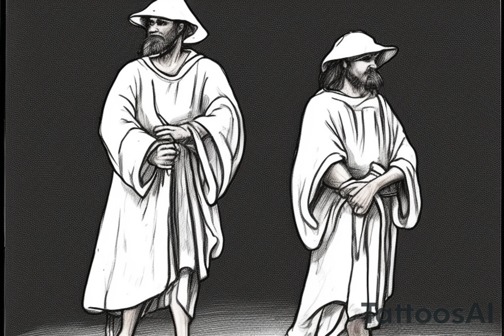 The man is dressed in simple clothes that are typical of the first century. He is wearing a long tunic, a white hat, and sandals. Hi wears a white tunica. He is holding a thick shepherd's staff in his left hand and is walking to the left. The background is blank.

The drawing is done in black lines on a blank background. The lines are simple and delicate, and they capture the man's thin, wiry frame. He seems to be lost in thought as he walks to the left.

The drawing has a sense of timelessness. The man's clothes are typical of the first century, but the drawing could have been made any time in the past 2,000 years. The blank background also contributes to the sense of timelessness. The man is walking facing the left. tattoo idea