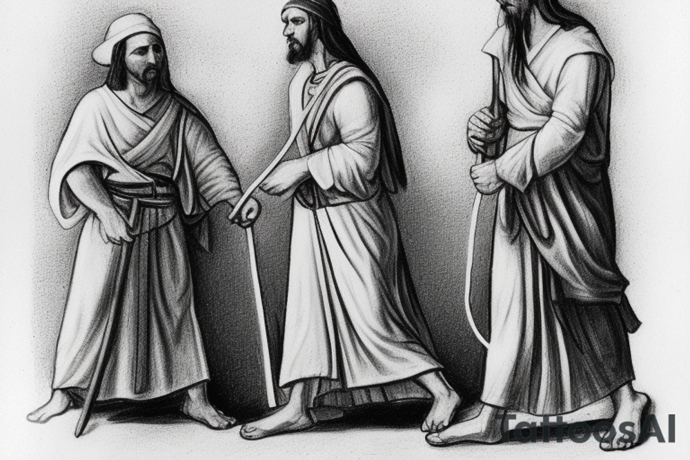 The man is dressed in simple clothes that are typical of the first century. He is wearing a long tunic, a white hat, and sandals. Hi wears a white tunica. He is holding a thick shepherd's staff in his left hand and is walking to the left. The background is blank.

The drawing is done in black lines on a blank background. The lines are simple and delicate, and they capture the man's thin, wiry frame. He seems to be lost in thought as he walks to the left.

The drawing has a sense of timelessness. The man's clothes are typical of the first century, but the drawing could have been made any time in the past 2,000 years. The blank background also contributes to the sense of timelessness. The man is walking facing the left. tattoo idea