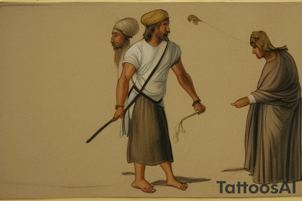 The man is dressed in simple clothes that are typical of the first century. He is wearing a long tunic, a white hat, and sandals. Hi wears a white tunica. He is holding a thick shepherd's staff in his left hand and is walking to the left. The background is blank.

The drawing is done in black lines on a blank background. The lines are simple and delicate, and they capture the man's thin, wiry frame. He seems to be lost in thought as he walks to the left.

The drawing has a sense of timelessness. The man's clothes are typical of the first century, but the drawing could have been made any time in the past 2,000 years. The blank background also contributes to the sense of timelessness. The man is walking facing the left. tattoo idea