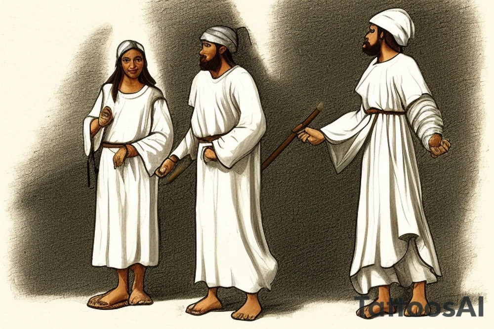 The man is dressed in simple clothes that are typical of the first century. He is wearing a long tunic, a white hat, and sandals. Hi wears a white tunica. He is holding a thick shepherd's staff in his left hand and is walking to the left. The background is blank.

The drawing is done in black lines on a blank background. The lines are simple and delicate, and they capture the man's thin, wiry frame. He seems to be lost in thought as he walks to the left.

The drawing has a sense of timelessness. The man's clothes are typical of the first century, but the drawing could have been made any time in the past 2,000 years. The blank background also contributes to the sense of timelessness. The man is walking facing the left. tattoo idea