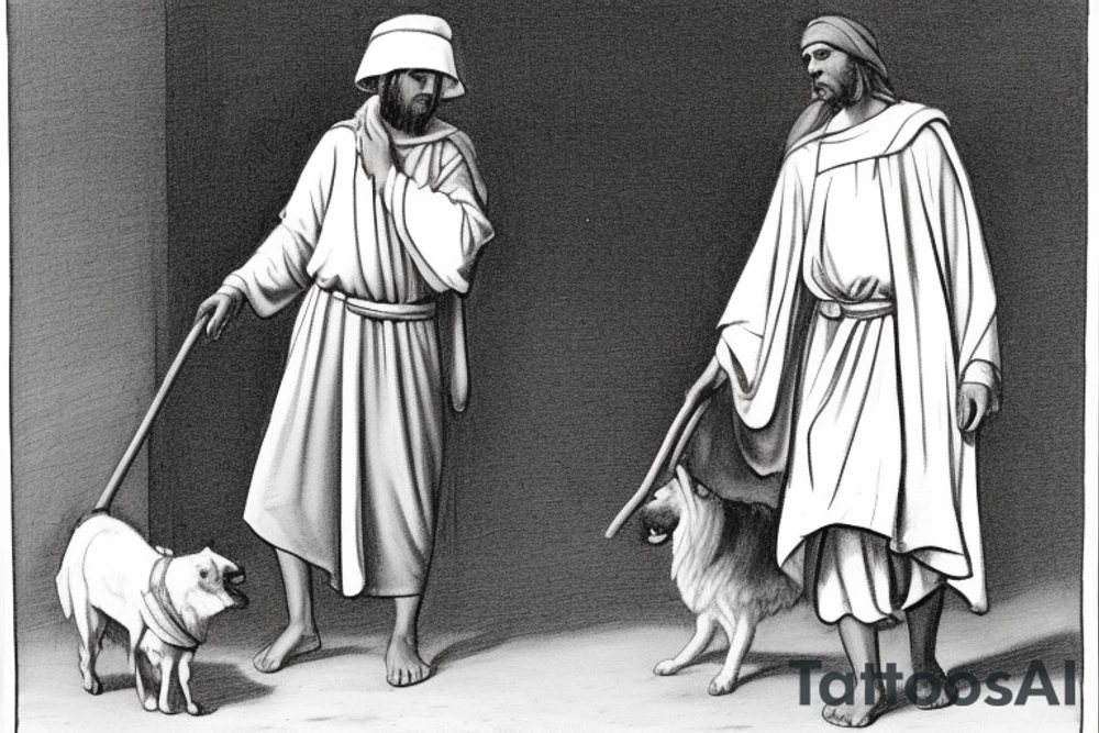 The man is dressed in simple clothes that are typical of the first century. He is wearing a long tunic, a white hat, and sandals. Hi wears a white tunica. He is holding a thick shepherd's staff in his left hand and is walking to the left. The background is blank.

The drawing is done in black lines on a blank background. The lines are simple and delicate, and they capture the man's thin, wiry frame. He seems to be lost in thought as he walks to the left.

The drawing has a sense of timelessness. The man's clothes are typical of the first century, but the drawing could have been made any time in the past 2,000 years. The blank background also contributes to the sense of timelessness. The man is walking facing the left. tattoo idea