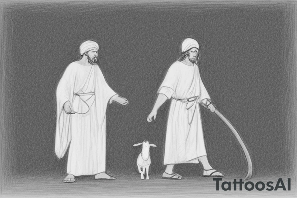 The man is dressed in simple clothes that are typical of the first century. He is wearing a long tunic, a white hat, and sandals. Hi wears a white tunica. He is holding a thick shepherd's staff in his left hand and is walking to the left. The background is blank.

The drawing is done in black lines on a blank background. The lines are simple and delicate, and they capture the man's thin, wiry frame. He seems to be lost in thought as he walks to the left.

The drawing has a sense of timelessness. The man's clothes are typical of the first century, but the drawing could have been made any time in the past 2,000 years. The blank background also contributes to the sense of timelessness. The man is walking facing the left. tattoo idea