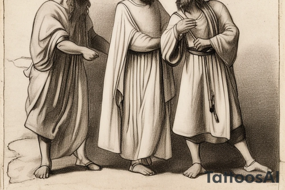 The man is dressed in simple clothes that are typical of the first century. He is wearing a long tunic, a white hat, and sandals. Hi wears a white tunica. He is holding a thick shepherd's staff in his left hand and is walking to the left. The background is blank.

The drawing is done in black lines on a blank background. The lines are simple and delicate, and they capture the man's thin, wiry frame. He seems to be lost in thought as he walks to the left.

The drawing has a sense of timelessness. The man's clothes are typical of the first century, but the drawing could have been made any time in the past 2,000 years. The blank background also contributes to the sense of timelessness. The man is walking facing the left. tattoo idea