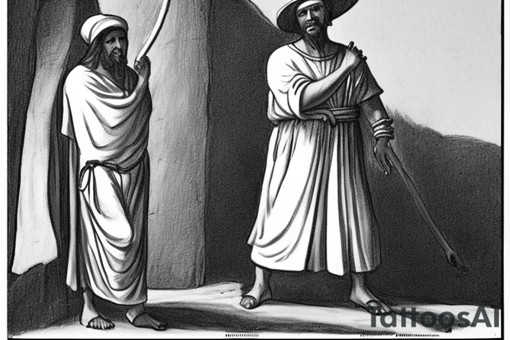 The man is dressed in simple clothes that are typical of the first century. He is wearing a long tunic, a white hat, and sandals. Hi wears a white tunica. He is holding a thick shepherd's staff in his left hand and is walking to the left. The background is blank.

The drawing is done in black lines on a blank background. The lines are simple and delicate, and they capture the man's thin, wiry frame. He seems to be lost in thought as he walks to the left.

The drawing has a sense of timelessness. The man's clothes are typical of the first century, but the drawing could have been made any time in the past 2,000 years. The blank background also contributes to the sense of timelessness. The man is walking facing the left. tattoo idea