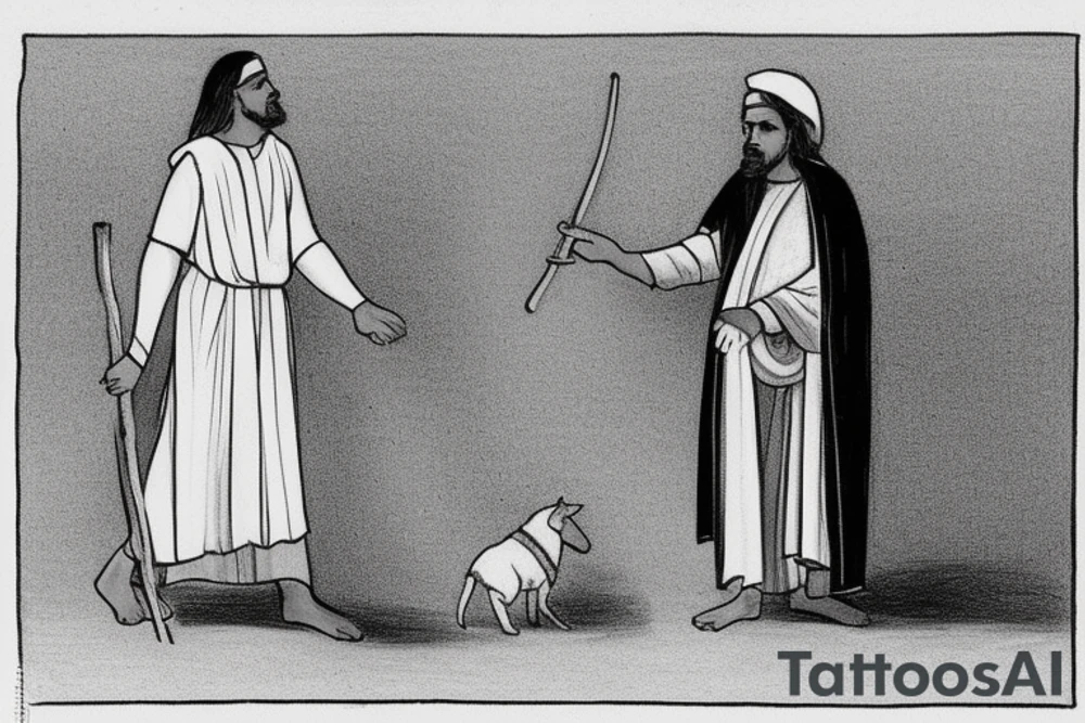 The man is dressed in simple clothes that are typical of the first century. He is wearing a long tunic, a white hat, and sandals. Hi wears a white tunica. He is holding a thick shepherd's staff in his left hand and is walking to the left. The background is blank.

The drawing is done in black lines on a blank background. The lines are simple and delicate, and they capture the man's thin, wiry frame. He seems to be lost in thought as he walks to the left.

The drawing has a sense of timelessness. The man's clothes are typical of the first century, but the drawing could have been made any time in the past 2,000 years. The blank background also contributes to the sense of timelessness. The man is walking facing the left. tattoo idea