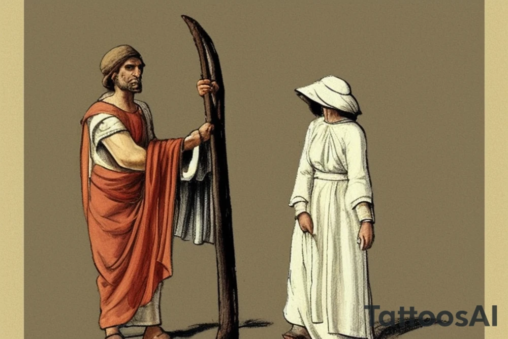 The man is dressed in simple clothes that are typical of the first century. He is wearing a long tunic, a white hat, and sandals. Hi wears a white tunica. He is holding a thick shepherd's staff in his left hand and is walking to the left. The background is blank.

The drawing is done in black lines on a blank background. The lines are simple and delicate, and they capture the man's thin, wiry frame. He seems to be lost in thought as he walks to the left.

The drawing has a sense of timelessness. The man's clothes are typical of the first century, but the drawing could have been made any time in the past 2,000 years. The blank background also contributes to the sense of timelessness. The man is walking facing the left. tattoo idea