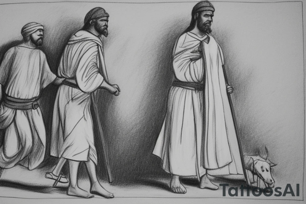 The man is dressed in simple clothes that are typical of the first century. He is wearing a long tunic, a white hat, and sandals. Hi wears a white tunica. He is holding a thick shepherd's staff in his left hand and is walking to the left. The background is blank.

The drawing is done in black lines on a blank background. The lines are simple and delicate, and they capture the man's thin, wiry frame. He seems to be lost in thought as he walks to the left.

The drawing has a sense of timelessness. The man's clothes are typical of the first century, but the drawing could have been made any time in the past 2,000 years. The blank background also contributes to the sense of timelessness. The man is walking facing the left. tattoo idea