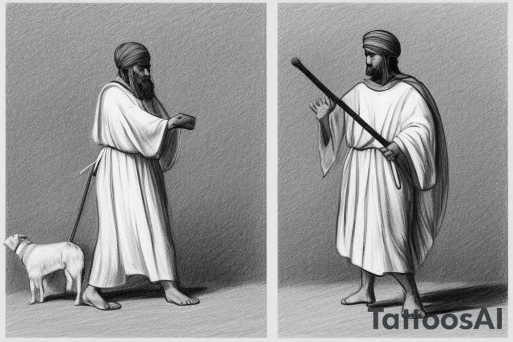 The man is dressed in simple clothes that are typical of the first century. He is wearing a long tunic, a white hat, and sandals. Hi wears a white tunica. He is holding a thick shepherd's staff in his left hand and is walking to the left. The background is blank.

The drawing is done in black lines on a blank background. The lines are simple and delicate, and they capture the man's thin, wiry frame. He seems to be lost in thought as he walks to the left.

The drawing has a sense of timelessness. The man's clothes are typical of the first century, but the drawing could have been made any time in the past 2,000 years. The blank background also contributes to the sense of timelessness. The man is walking facing the left. tattoo idea