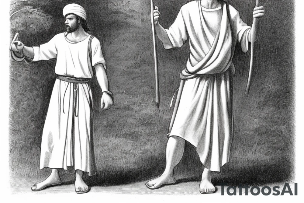 The man is dressed in simple clothes that are typical of the first century. He is wearing a long tunic, a white hat, and sandals. Hi wears a white tunica. He is holding a thick shepherd's staff in his left hand and is walking to the left. The background is blank.

The drawing is done in black lines on a blank background. The lines are simple and delicate, and they capture the man's thin, wiry frame. He seems to be lost in thought as he walks to the left.

The drawing has a sense of timelessness. The man's clothes are typical of the first century, but the drawing could have been made any time in the past 2,000 years. The blank background also contributes to the sense of timelessness. The man is walking facing the left. tattoo idea
