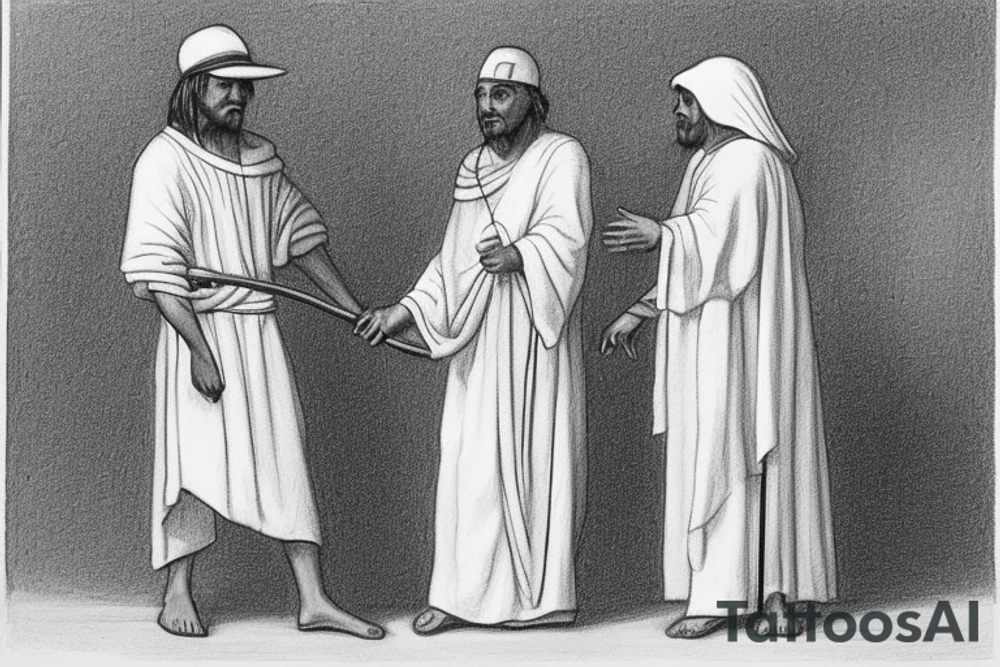 The man is dressed in simple clothes that are typical of the first century. He is wearing a long tunic, a white hat, and sandals. Hi wears a white tunica. He is holding a thick shepherd's staff in his left hand and is walking to the left. The background is blank.

The drawing is done in black lines on a blank background. The lines are simple and delicate, and they capture the man's thin, wiry frame. He seems to be lost in thought as he walks to the left.

The drawing has a sense of timelessness. The man's clothes are typical of the first century, but the drawing could have been made any time in the past 2,000 years. The blank background also contributes to the sense of timelessness. The man is walking facing the left. tattoo idea