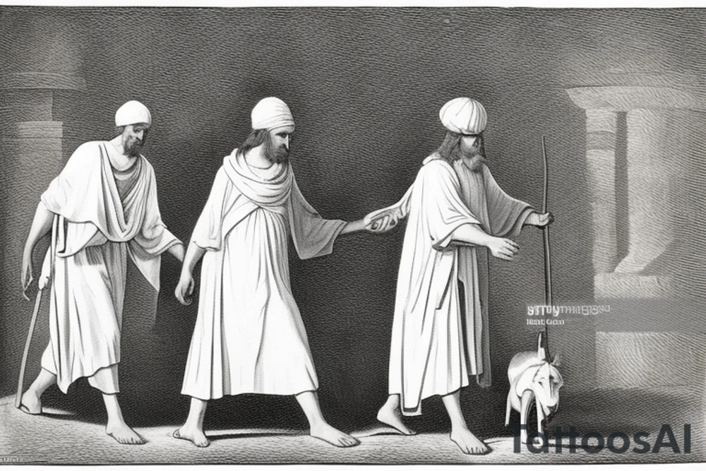 The man is dressed in simple clothes that are typical of the first century. He is wearing a long tunic, a white hat, and sandals. Hi wears a white tunica. He is holding a thick shepherd's staff in his left hand and is walking to the left. The background is blank.

The drawing is done in black lines on a blank background. The lines are simple and delicate, and they capture the man's thin, wiry frame. He seems to be lost in thought as he walks to the left.

The drawing has a sense of timelessness. The man's clothes are typical of the first century, but the drawing could have been made any time in the past 2,000 years. The blank background also contributes to the sense of timelessness. The man is walking facing the left. tattoo idea
