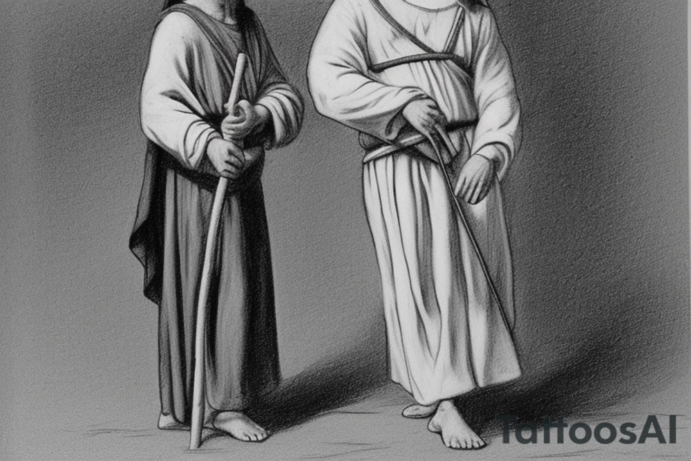 The man is dressed in simple clothes that are typical of the first century. He is wearing a long tunic, a white hat, and sandals. Hi wears a white tunica. He is holding a thick shepherd's staff in his left hand and is walking to the left. The background is blank.

The drawing is done in black lines on a blank background. The lines are simple and delicate, and they capture the man's thin, wiry frame. He seems to be lost in thought as he walks to the left.

The drawing has a sense of timelessness. The man's clothes are typical of the first century, but the drawing could have been made any time in the past 2,000 years. The blank background also contributes to the sense of timelessness. The man is walking facing the left. tattoo idea