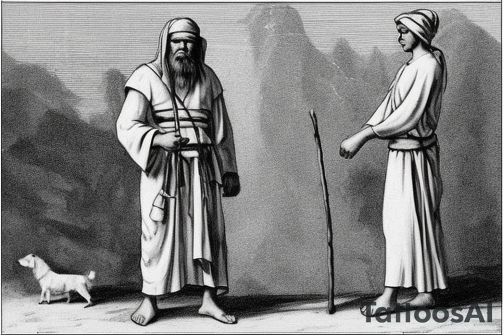 The man is dressed in simple clothes that are typical of the first century. He is wearing a long tunic, a white hat, and sandals. Hi wears a white tunica. He is holding a thick shepherd's staff in his left hand and is walking to the left. The background is blank.

The drawing is done in black lines on a blank background. The lines are simple and delicate, and they capture the man's thin, wiry frame. He seems to be lost in thought as he walks to the left.

The drawing has a sense of timelessness. The man's clothes are typical of the first century, but the drawing could have been made any time in the past 2,000 years. The blank background also contributes to the sense of timelessness. The man is walking facing the left. tattoo idea