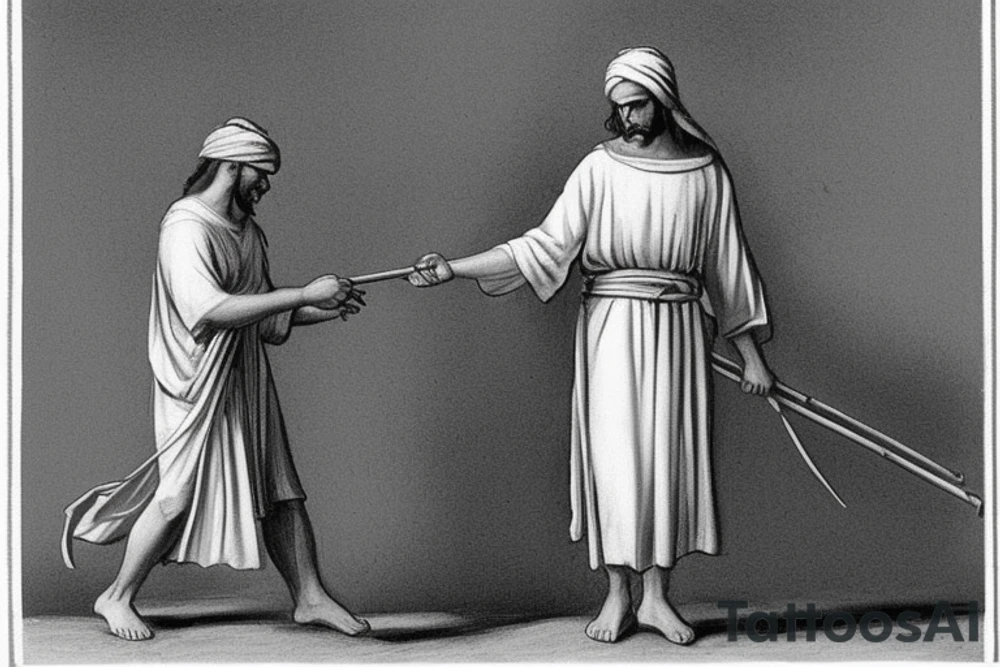 The man is dressed in simple clothes that are typical of the first century. He is wearing a long tunic, a white hat, and sandals. Hi wears a white tunica. He is holding a thick shepherd's staff in his left hand and is walking to the left. The background is blank.

The drawing is done in black lines on a blank background. The lines are simple and delicate, and they capture the man's thin, wiry frame. He seems to be lost in thought as he walks to the left.

The drawing has a sense of timelessness. The man's clothes are typical of the first century, but the drawing could have been made any time in the past 2,000 years. The blank background also contributes to the sense of timelessness. The man is walking facing the left. tattoo idea