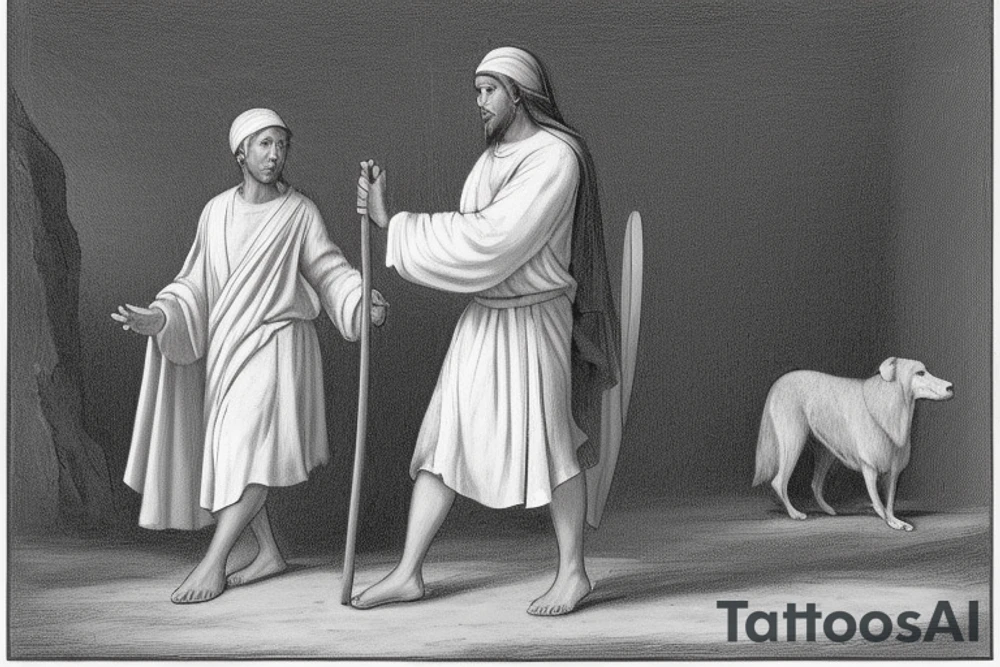 The man is dressed in simple clothes that are typical of the first century. He is wearing a long tunic, a white hat, and sandals. Hi wears a white tunica. He is holding a thick shepherd's staff in his left hand and is walking to the left. The background is blank.

The drawing is done in black lines on a blank background. The lines are simple and delicate, and they capture the man's thin, wiry frame. He seems to be lost in thought as he walks to the left.

The drawing has a sense of timelessness. The man's clothes are typical of the first century, but the drawing could have been made any time in the past 2,000 years. The blank background also contributes to the sense of timelessness. The man is walking facing the left. tattoo idea