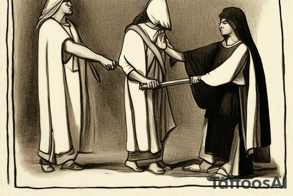 The man is dressed in simple clothes that are typical of the first century. He is wearing a long tunic, a white hat, and sandals. Hi wears a white tunica. He is holding a thick shepherd's staff in his left hand and is walking to the left. The background is blank.

The drawing is done in black lines on a blank background. The lines are simple and delicate, and they capture the man's thin, wiry frame. He seems to be lost in thought as he walks to the left.

The drawing has a sense of timelessness. The man's clothes are typical of the first century, but the drawing could have been made any time in the past 2,000 years. The blank background also contributes to the sense of timelessness. The man is walking facing the left. tattoo idea