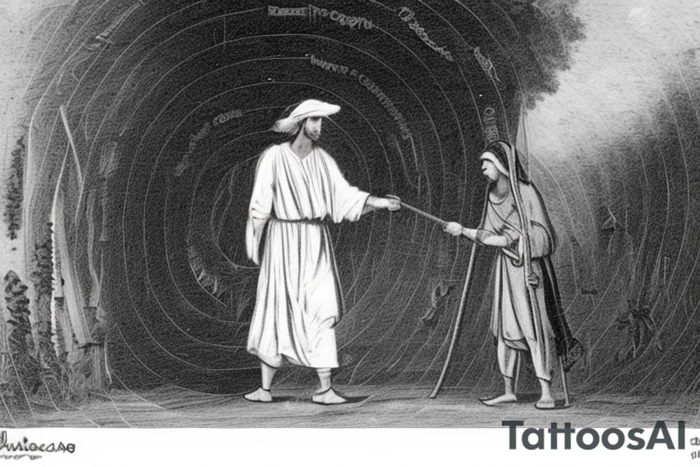 The man is dressed in simple clothes that are typical of the first century. He is wearing a long tunic, a white hat, and sandals. Hi wears a white tunica. He is holding a thick shepherd's staff in his left hand and is walking to the left. The background is blank.

The drawing is done in black lines on a blank background. The lines are simple and delicate, and they capture the man's thin, wiry frame. He seems to be lost in thought as he walks to the left.

The drawing has a sense of timelessness. The man's clothes are typical of the first century, but the drawing could have been made any time in the past 2,000 years. The blank background also contributes to the sense of timelessness. The man is walking facing the left. tattoo idea