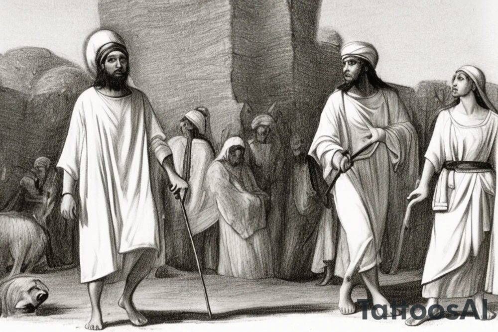 The man is dressed in simple clothes that are typical of the first century. He is wearing a long tunic, a white hat, and sandals. Hi wears a white tunica. He is holding a thick shepherd's staff in his left hand and is walking to the left. The background is blank.

The drawing is done in black lines on a blank background. The lines are simple and delicate, and they capture the man's thin, wiry frame. He seems to be lost in thought as he walks to the left.

The drawing has a sense of timelessness. The man's clothes are typical of the first century, but the drawing could have been made any time in the past 2,000 years. The blank background also contributes to the sense of timelessness. The man is walking facing the left. tattoo idea