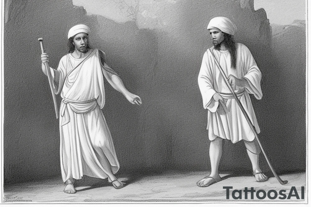 The man is dressed in simple clothes that are typical of the first century. He is wearing a long tunic, a white hat, and sandals. Hi wears a white tunica. He is holding a thick shepherd's staff in his left hand and is walking to the left. The background is blank.

The drawing is done in black lines on a blank background. The lines are simple and delicate, and they capture the man's thin, wiry frame. He seems to be lost in thought as he walks to the left.

The drawing has a sense of timelessness. The man's clothes are typical of the first century, but the drawing could have been made any time in the past 2,000 years. The blank background also contributes to the sense of timelessness. The man is walking facing the left. tattoo idea