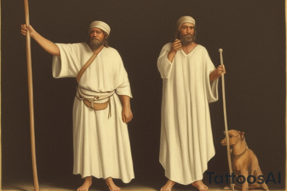 The man is dressed in simple clothes that are typical of the first century. He is wearing a long tunic, a white hat, and sandals. Hi wears a white tunica. He is holding a thick shepherd's staff in his left hand and is walking to the left. The background is blank.

The drawing is done in black lines on a blank background. The lines are simple and delicate, and they capture the man's thin, wiry frame. He seems to be lost in thought as he walks to the left.

The drawing has a sense of timelessness. The man's clothes are typical of the first century, but the drawing could have been made any time in the past 2,000 years. The blank background also contributes to the sense of timelessness. The man is walking facing the left. tattoo idea