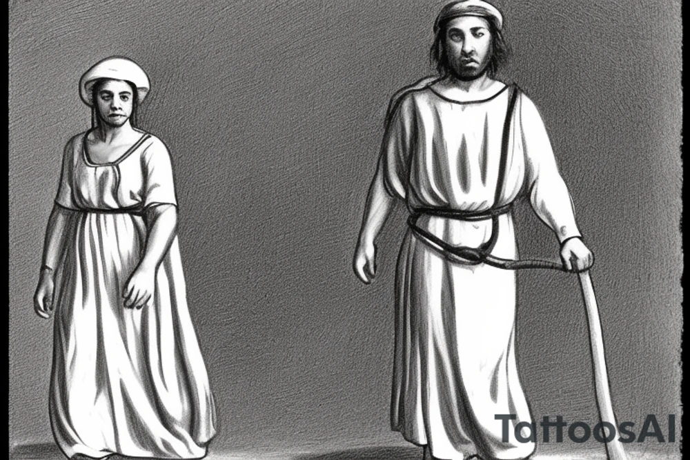 The man is dressed in simple clothes that are typical of the first century. He is wearing a long tunic, a white hat, and sandals. Hi wears a white tunica. He is holding a thick shepherd's staff in his left hand and is walking to the left. The background is blank.

The drawing is done in black lines on a blank background. The lines are simple and delicate, and they capture the man's thin, wiry frame. He seems to be lost in thought as he walks to the left.

The drawing has a sense of timelessness. The man's clothes are typical of the first century, but the drawing could have been made any time in the past 2,000 years. The blank background also contributes to the sense of timelessness. The man is walking facing the left. tattoo idea