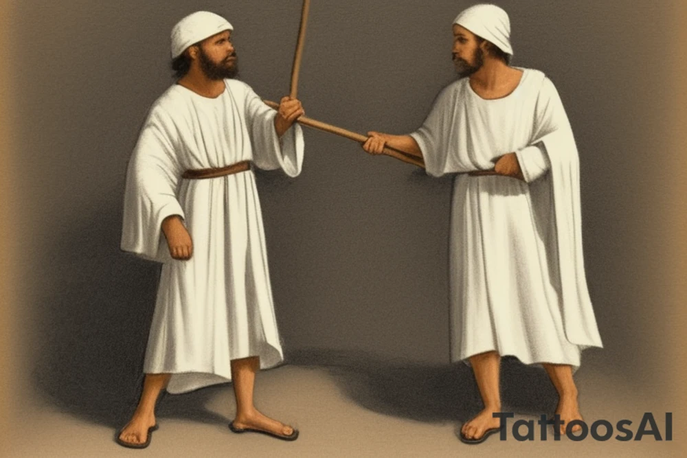The man is dressed in simple clothes that are typical of the first century. He is wearing a long tunic, a white hat, and sandals. Hi wears a white tunica. He is holding a thick shepherd's staff in his left hand and is walking to the left. The background is blank.

The drawing is done in black lines on a blank background. The lines are simple and delicate, and they capture the man's thin, wiry frame. He seems to be lost in thought as he walks to the left.

The drawing has a sense of timelessness. The man's clothes are typical of the first century, but the drawing could have been made any time in the past 2,000 years. The blank background also contributes to the sense of timelessness. The man is walking facing the left. tattoo idea