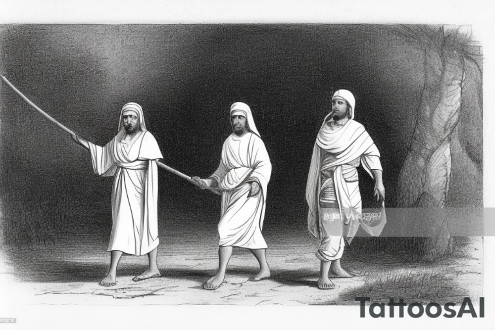 The man is dressed in simple clothes that are typical of the first century. He is wearing a long tunic, a white hat, and sandals. Hi wears a white tunica. He is holding a thick shepherd's staff in his left hand and is walking to the left. The background is blank.

The drawing is done in black lines on a blank background. The lines are simple and delicate, and they capture the man's thin, wiry frame. He seems to be lost in thought as he walks to the left.

The drawing has a sense of timelessness. The man's clothes are typical of the first century, but the drawing could have been made any time in the past 2,000 years. The blank background also contributes to the sense of timelessness. The man is walking facing the left. tattoo idea