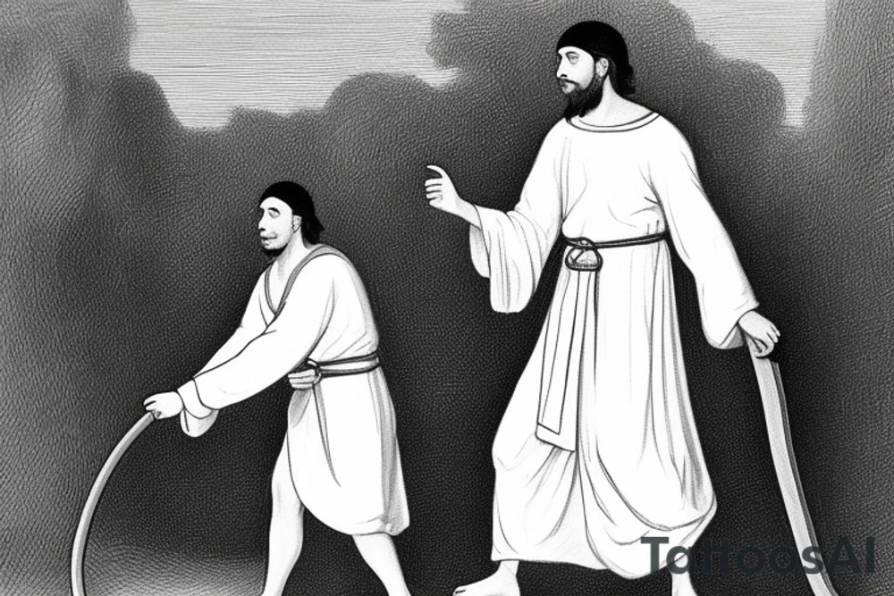 The man is dressed in simple clothes that are typical of the first century. He is wearing a long tunic, a white hat, and sandals. Hi wears a white tunica. He is holding a thick shepherd's staff in his left hand and is walking to the left. The background is blank.

The drawing is done in black lines on a blank background. The lines are simple and delicate, and they capture the man's thin, wiry frame. He seems to be lost in thought as he walks to the left.

The drawing has a sense of timelessness. The man's clothes are typical of the first century, but the drawing could have been made any time in the past 2,000 years. The blank background also contributes to the sense of timelessness. The man is walking facing the left. tattoo idea