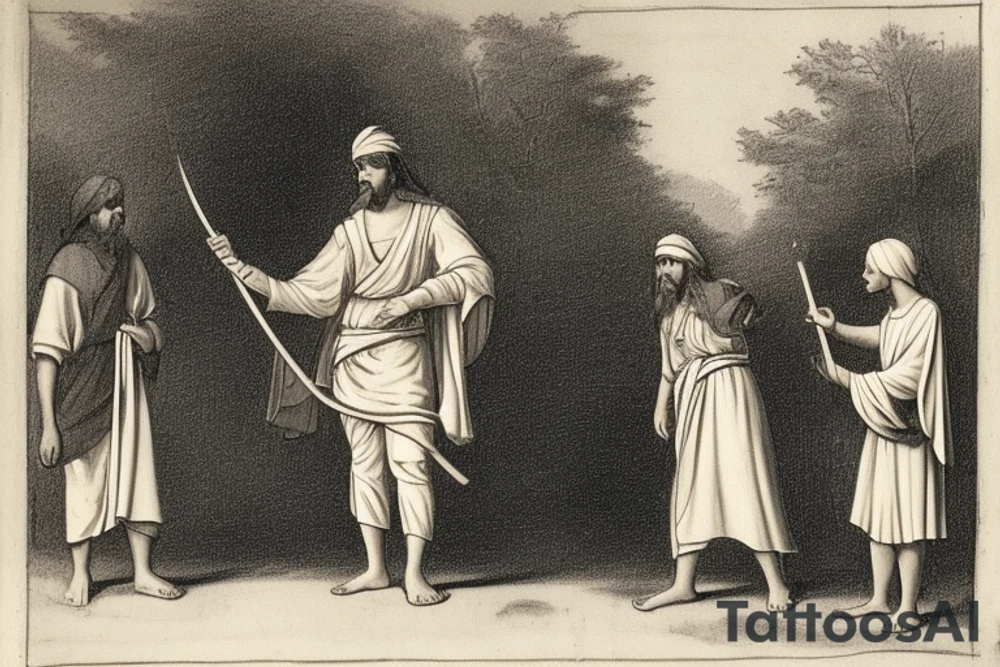 The man is dressed in simple clothes that are typical of the first century. He is wearing a long tunic, a white hat, and sandals. Hi wears a white tunica. He is holding a thick shepherd's staff in his left hand and is walking to the left. The background is blank.

The drawing is done in black lines on a blank background. The lines are simple and delicate, and they capture the man's thin, wiry frame. He seems to be lost in thought as he walks to the left.

The drawing has a sense of timelessness. The man's clothes are typical of the first century, but the drawing could have been made any time in the past 2,000 years. The blank background also contributes to the sense of timelessness. The man is walking facing the left. tattoo idea