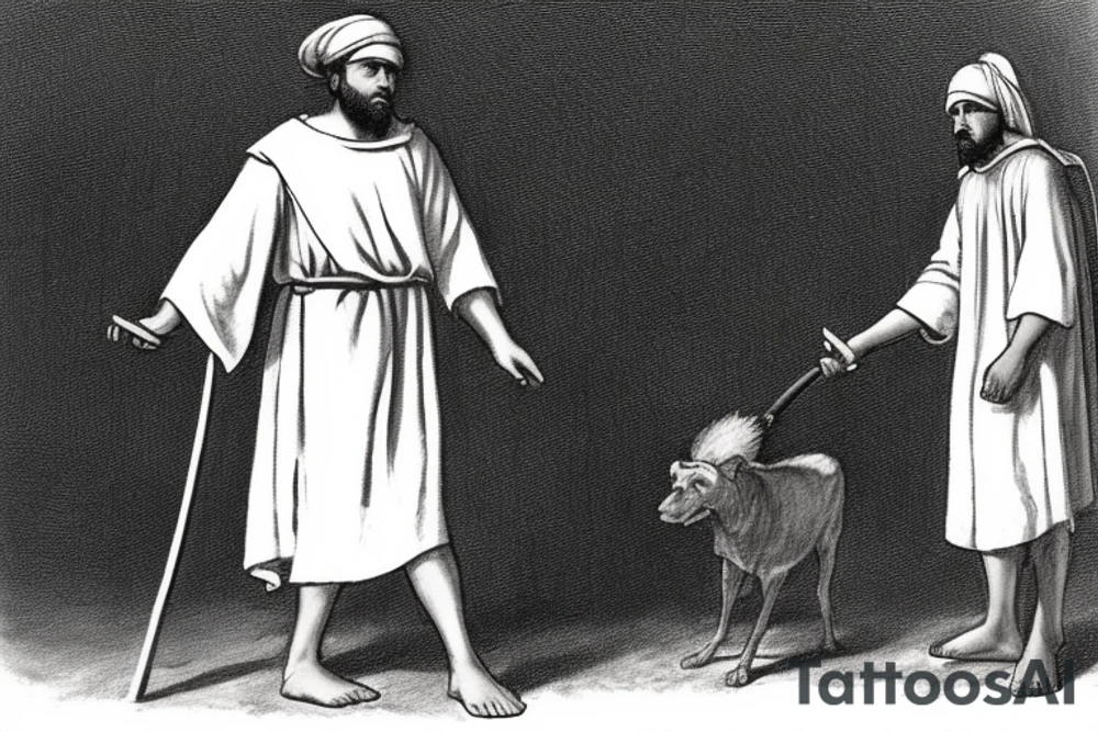 The man is dressed in simple clothes that are typical of the first century. He is wearing a long tunic, a white hat, and sandals. Hi wears a white tunica. He is holding a thick shepherd's staff in his left hand and is walking to the left. The background is blank.

The drawing is done in black lines on a blank background. The lines are simple and delicate, and they capture the man's thin, wiry frame. He seems to be lost in thought as he walks to the left.

The drawing has a sense of timelessness. The man's clothes are typical of the first century, but the drawing could have been made any time in the past 2,000 years. The blank background also contributes to the sense of timelessness. The man is walking facing the left. tattoo idea