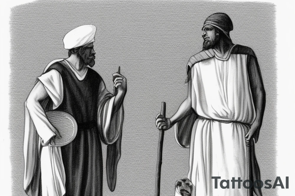 The man is dressed in simple clothes that are typical of the first century. He is wearing a long tunic, a white hat, and sandals. Hi wears a white tunica. He is holding a thick shepherd's staff in his left hand and is walking to the left. The background is blank.

The drawing is done in black lines on a blank background. The lines are simple and delicate, and they capture the man's thin, wiry frame. He seems to be lost in thought as he walks to the left.

The drawing has a sense of timelessness. The man's clothes are typical of the first century, but the drawing could have been made any time in the past 2,000 years. The blank background also contributes to the sense of timelessness. The man is walking facing the left. tattoo idea