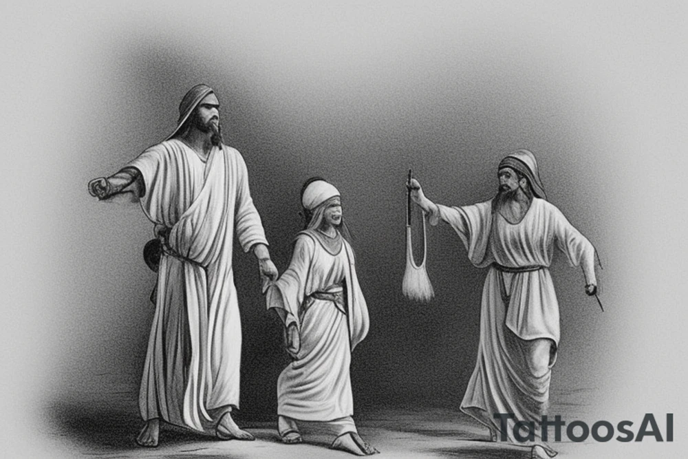 The man is dressed in simple clothes that are typical of the first century. He is wearing a long tunic, a white hat, and sandals. Hi wears a white tunica. He is holding a thick shepherd's staff in his left hand and is walking to the left. The background is blank.

The drawing is done in black lines on a blank background. The lines are simple and delicate, and they capture the man's thin, wiry frame. He seems to be lost in thought as he walks to the left.

The drawing has a sense of timelessness. The man's clothes are typical of the first century, but the drawing could have been made any time in the past 2,000 years. The blank background also contributes to the sense of timelessness. The man is walking facing the left. tattoo idea