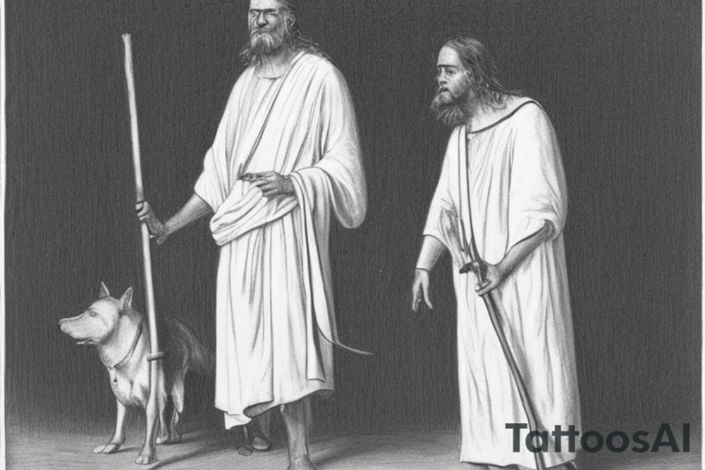 The man is dressed in simple clothes that are typical of the first century. He is wearing a long tunic, a white hat, and sandals. Hi wears a white tunica. He is holding a thick shepherd's staff in his left hand and is walking to the left. The background is blank.

The drawing is done in black lines on a blank background. The lines are simple and delicate, and they capture the man's thin, wiry frame. He seems to be lost in thought as he walks to the left.

The drawing has a sense of timelessness. The man's clothes are typical of the first century, but the drawing could have been made any time in the past 2,000 years. The blank background also contributes to the sense of timelessness. The man is walking facing the left. tattoo idea