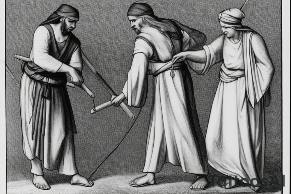 The man is dressed in simple clothes that are typical of the first century. He is wearing a long tunic, a white hat, and sandals. Hi wears a white tunica. He is holding a thick shepherd's staff in his left hand and is walking to the left. The background is blank.

The drawing is done in black lines on a blank background. The lines are simple and delicate, and they capture the man's thin, wiry frame. He seems to be lost in thought as he walks to the left.

The drawing has a sense of timelessness. The man's clothes are typical of the first century, but the drawing could have been made any time in the past 2,000 years. The blank background also contributes to the sense of timelessness. The man is walking facing the left. tattoo idea