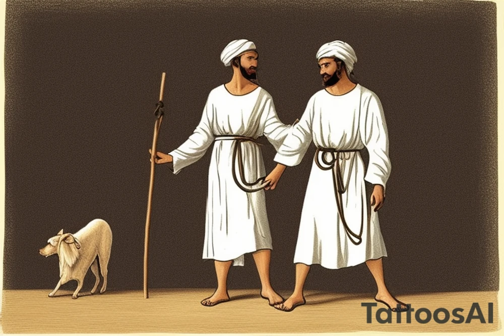 The man is dressed in simple clothes that are typical of the first century. He is wearing a long tunic, a white hat, and sandals. Hi wears a white tunica. He is holding a thick shepherd's staff in his left hand and is walking to the left. The background is blank.

The drawing is done in black lines on a blank background. The lines are simple and delicate, and they capture the man's thin, wiry frame. He seems to be lost in thought as he walks to the left.

The drawing has a sense of timelessness. The man's clothes are typical of the first century, but the drawing could have been made any time in the past 2,000 years. The blank background also contributes to the sense of timelessness. The man is walking facing the left. tattoo idea