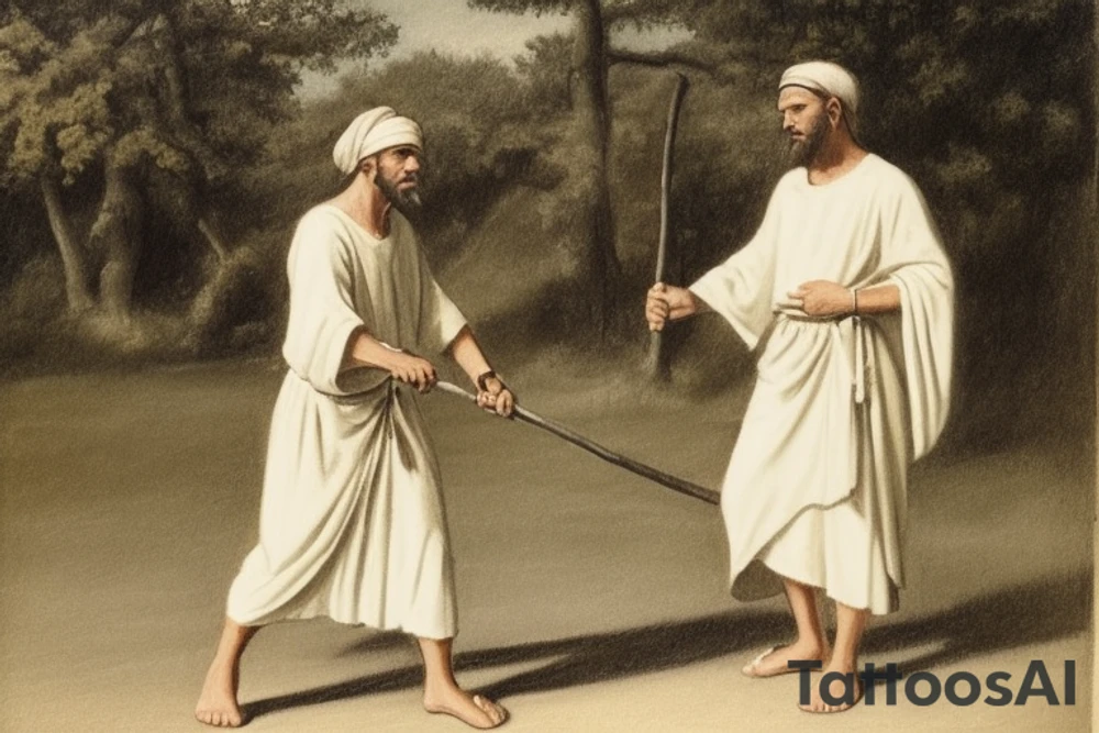 The man is dressed in simple clothes that are typical of the first century. He is wearing a long tunic, a white hat, and sandals. Hi wears a white tunica. He is holding a thick shepherd's staff in his left hand and is walking to the left. The background is blank.

The drawing is done in black lines on a blank background. The lines are simple and delicate, and they capture the man's thin, wiry frame. He seems to be lost in thought as he walks to the left.

The drawing has a sense of timelessness. The man's clothes are typical of the first century, but the drawing could have been made any time in the past 2,000 years. The blank background also contributes to the sense of timelessness. The man is walking facing the left. tattoo idea