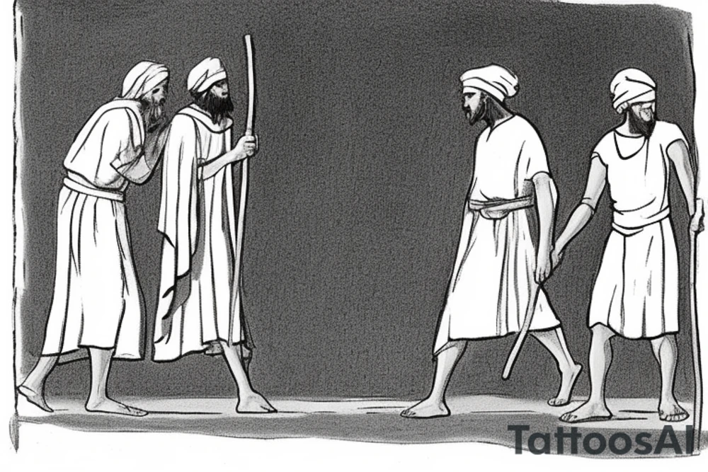 The man is dressed in simple clothes that are typical of the first century. He is wearing a long tunic, a white hat, and sandals. Hi wears a white tunica. He is holding a thick shepherd's staff in his left hand and is walking to the left. The background is blank.

The drawing is done in black lines on a blank background. The lines are simple and delicate, and they capture the man's thin, wiry frame. He seems to be lost in thought as he walks to the left.

The drawing has a sense of timelessness. The man's clothes are typical of the first century, but the drawing could have been made any time in the past 2,000 years. The blank background also contributes to the sense of timelessness. The man is walking facing the left. tattoo idea