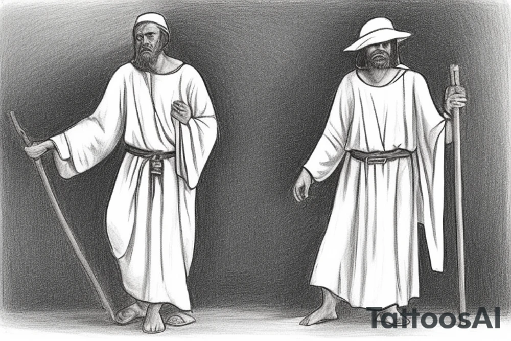 The man is dressed in simple clothes that are typical of the first century. He is wearing a long tunic, a white hat, and sandals. Hi wears a white tunica. He is holding a thick shepherd's staff in his left hand and is walking to the left. The background is blank.

The drawing is done in black lines on a blank background. The lines are simple and delicate, and they capture the man's thin, wiry frame. He seems to be lost in thought as he walks to the left.

The drawing has a sense of timelessness. The man's clothes are typical of the first century, but the drawing could have been made any time in the past 2,000 years. The blank background also contributes to the sense of timelessness. The man is walking facing the left. tattoo idea