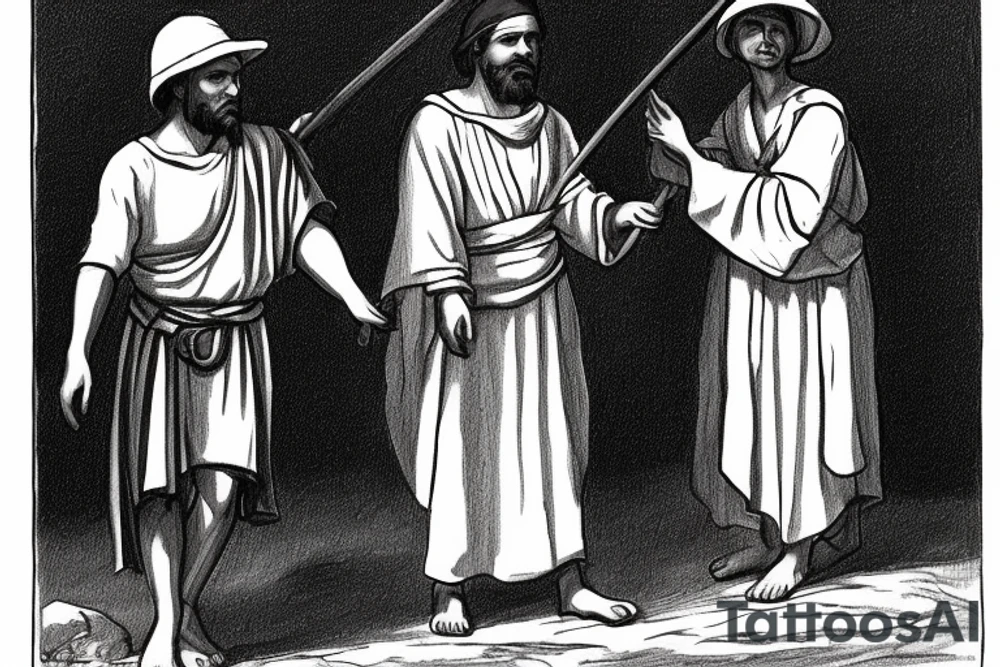 The man is dressed in simple clothes that are typical of the first century. He is wearing a long tunic, a white hat, and sandals. Hi wears a white tunica. He is holding a thick shepherd's staff in his left hand and is walking to the left. The background is blank.

The drawing is done in black lines on a blank background. The lines are simple and delicate, and they capture the man's thin, wiry frame. He seems to be lost in thought as he walks to the left.

The drawing has a sense of timelessness. The man's clothes are typical of the first century, but the drawing could have been made any time in the past 2,000 years. The blank background also contributes to the sense of timelessness. The man is walking facing the left. tattoo idea