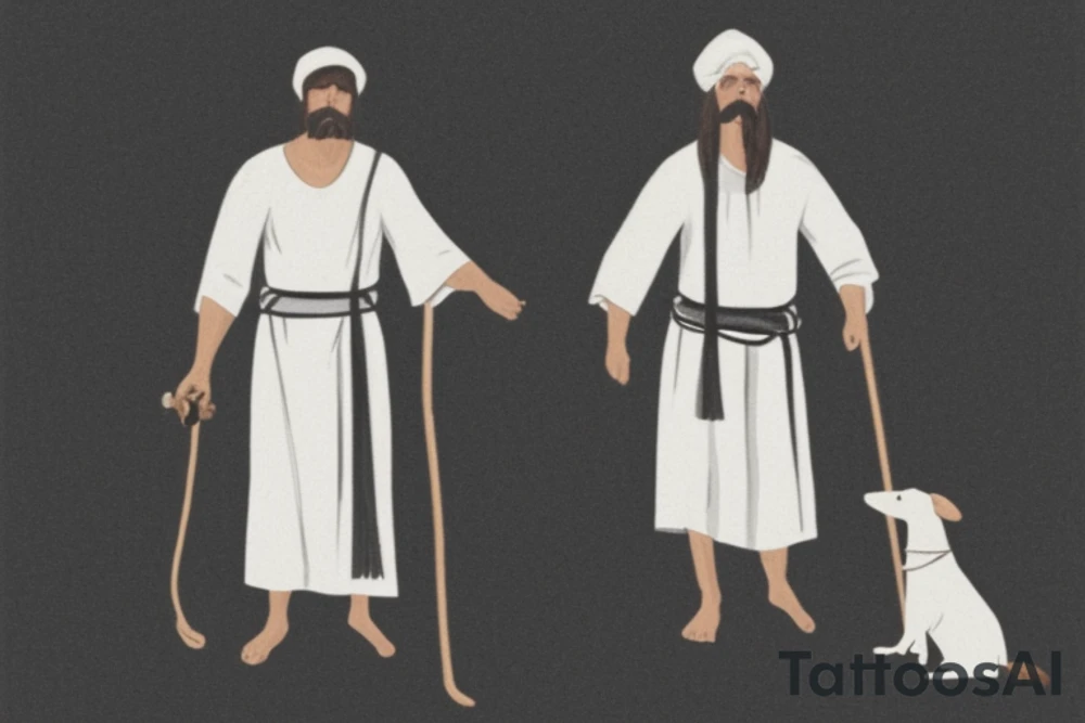 The man is dressed in simple clothes that are typical of the first century. He is wearing a long tunic, a white hat, and sandals. Hi wears a white tunica. He is holding a thick shepherd's staff in his left hand and is walking to the left. The background is blank.

The drawing is done in black lines on a blank background. The lines are simple and delicate, and they capture the man's thin, wiry frame. He seems to be lost in thought as he walks to the left.

The drawing has a sense of timelessness. The man's clothes are typical of the first century, but the drawing could have been made any time in the past 2,000 years. The blank background also contributes to the sense of timelessness. The man is walking facing the left. tattoo idea