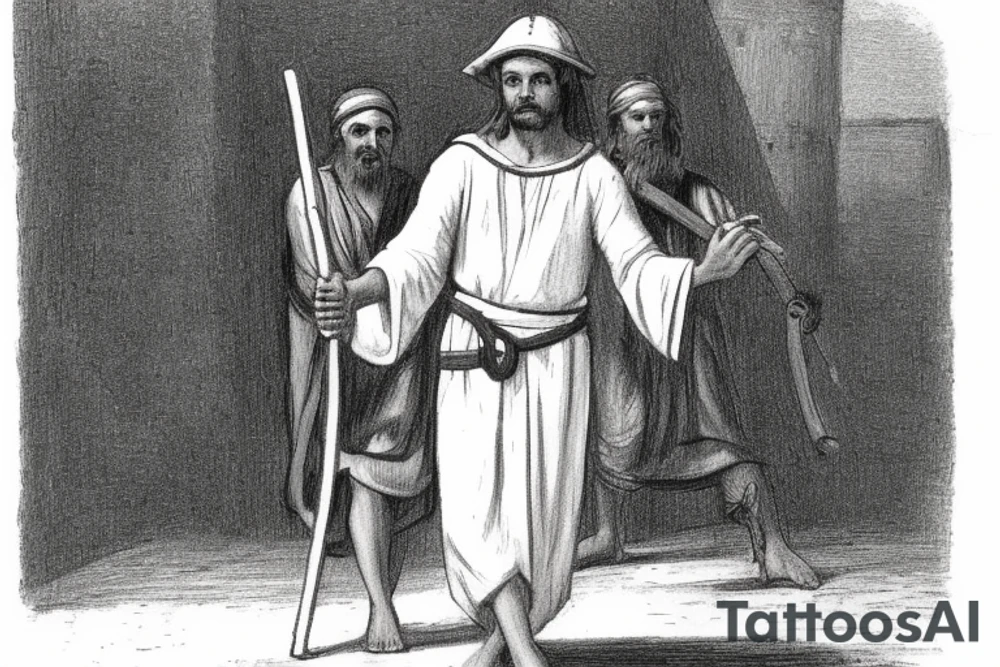 The man is dressed in simple clothes that are typical of the first century. He is wearing a long tunic, a white hat, and sandals. Hi wears a white tunica. He is holding a thick shepherd's staff in his left hand and is walking to the left. The background is blank.

The drawing is done in black lines on a blank background. The lines are simple and delicate, and they capture the man's thin, wiry frame. He seems to be lost in thought as he walks to the left.

The drawing has a sense of timelessness. The man's clothes are typical of the first century, but the drawing could have been made any time in the past 2,000 years. The blank background also contributes to the sense of timelessness. The man is walking facing the left. tattoo idea