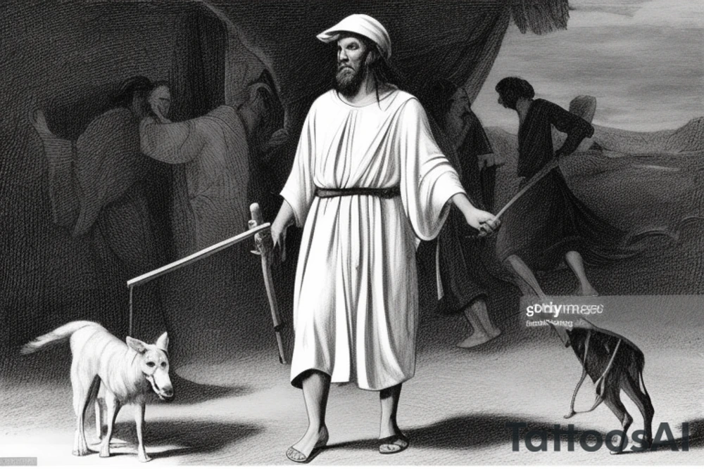 The man is dressed in simple clothes that are typical of the first century. He is wearing a long tunic, a white hat, and sandals. Hi wears a white tunica. He is holding a thick shepherd's staff in his left hand and is walking to the left. The background is blank.

The drawing is done in black lines on a blank background. The lines are simple and delicate, and they capture the man's thin, wiry frame. He seems to be lost in thought as he walks to the left.

The drawing has a sense of timelessness. The man's clothes are typical of the first century, but the drawing could have been made any time in the past 2,000 years. The blank background also contributes to the sense of timelessness. The man is walking facing the left. tattoo idea
