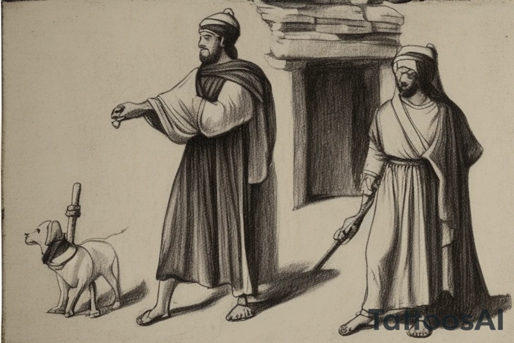 The man is dressed in simple clothes that are typical of the first century. He is wearing a long tunic, a white hat, and sandals. Hi wears a white tunica. He is holding a thick shepherd's staff in his left hand and is walking to the left. The background is blank.

The drawing is done in black lines on a blank background. The lines are simple and delicate, and they capture the man's thin, wiry frame. He seems to be lost in thought as he walks to the left.

The drawing has a sense of timelessness. The man's clothes are typical of the first century, but the drawing could have been made any time in the past 2,000 years. The blank background also contributes to the sense of timelessness. The man is walking facing the left. tattoo idea