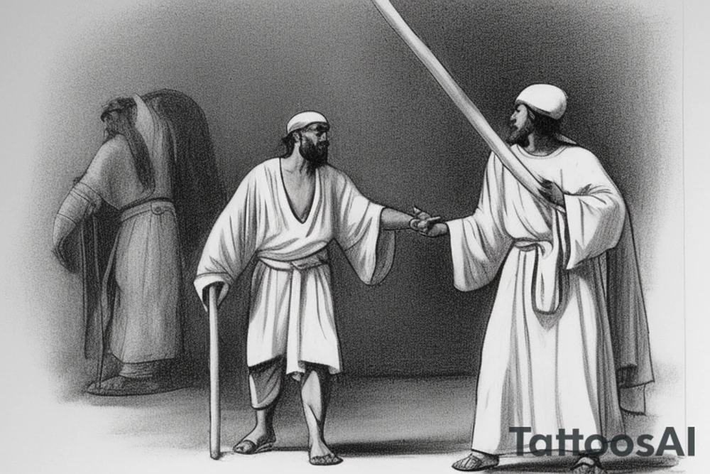 The man is dressed in simple clothes that are typical of the first century. He is wearing a long tunic, a white hat, and sandals. Hi wears a white tunica. He is holding a thick shepherd's staff in his left hand and is walking to the left. The background is blank.

The drawing is done in black lines on a blank background. The lines are simple and delicate, and they capture the man's thin, wiry frame. He seems to be lost in thought as he walks to the left.

The drawing has a sense of timelessness. The man's clothes are typical of the first century, but the drawing could have been made any time in the past 2,000 years. The blank background also contributes to the sense of timelessness. The man is walking facing the left. tattoo idea