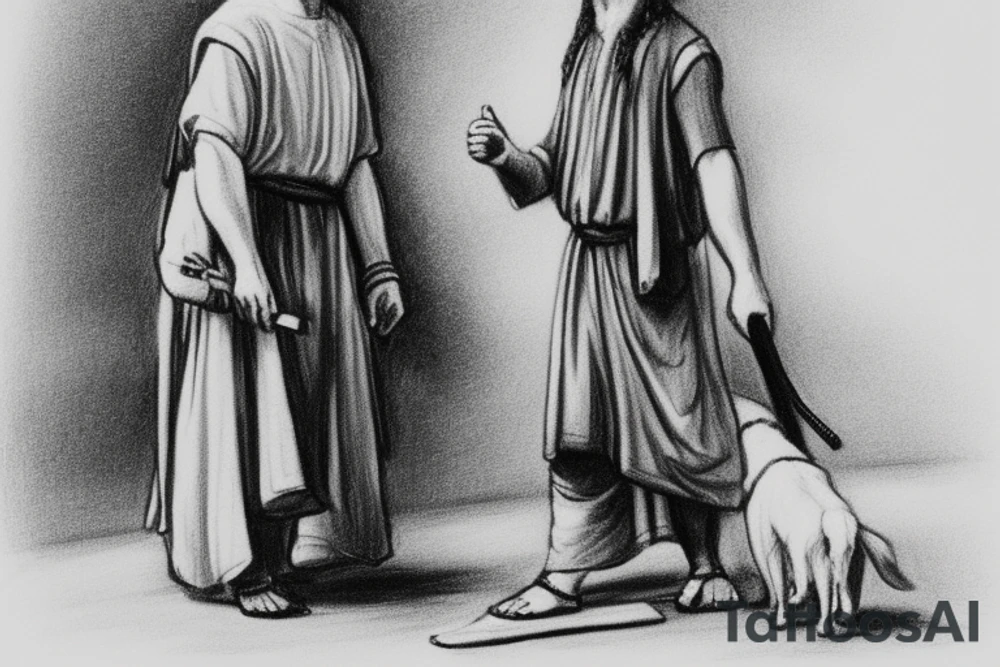 The man is dressed in simple clothes that are typical of the first century. He is wearing a long tunic, a white hat, and sandals. Hi wears a white tunica. He is holding a thick shepherd's staff in his left hand and is walking to the left. The background is blank.

The drawing is done in black lines on a blank background. The lines are simple and delicate, and they capture the man's thin, wiry frame. He seems to be lost in thought as he walks to the left.

The drawing has a sense of timelessness. The man's clothes are typical of the first century, but the drawing could have been made any time in the past 2,000 years. The blank background also contributes to the sense of timelessness. The man is walking facing the left. tattoo idea